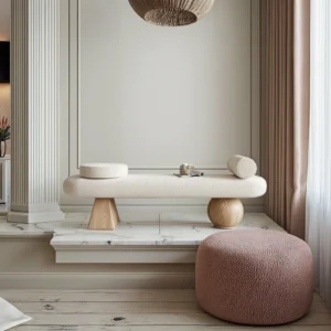 Home Furniture Modern INS Design White Cream Nordic Wood And Teddy Boucle Fabric Lounge Bench Leisure For Living Room